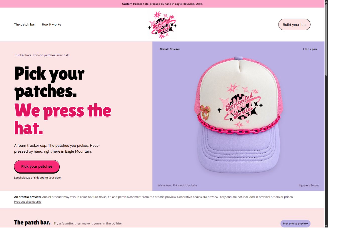 Bejeweled Besties storefront preview with custom hat branding