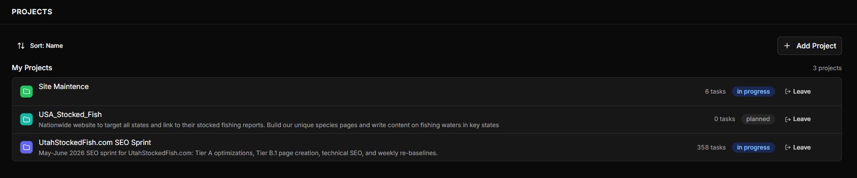 Actual Paperclip fishing company projects, including USA Stocked Fish and the Utah Stocked Fish SEO sprint