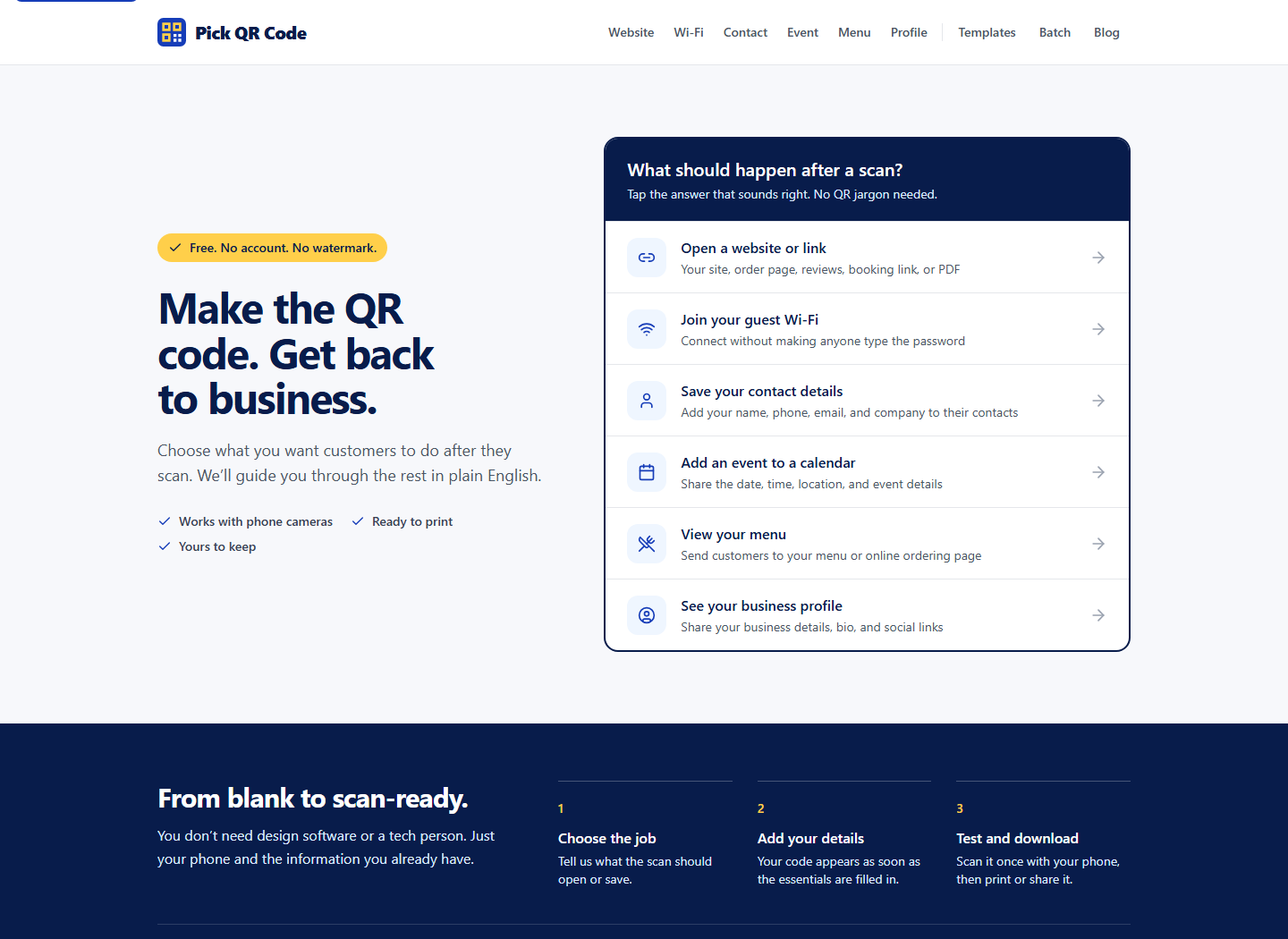 Pick QR Code homepage showing generators for websites, Wi-Fi, contacts, events, menus, and business profiles