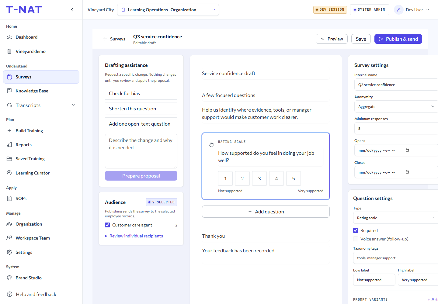 T-NAT survey builder with drafting assistance, question controls, and audience settings