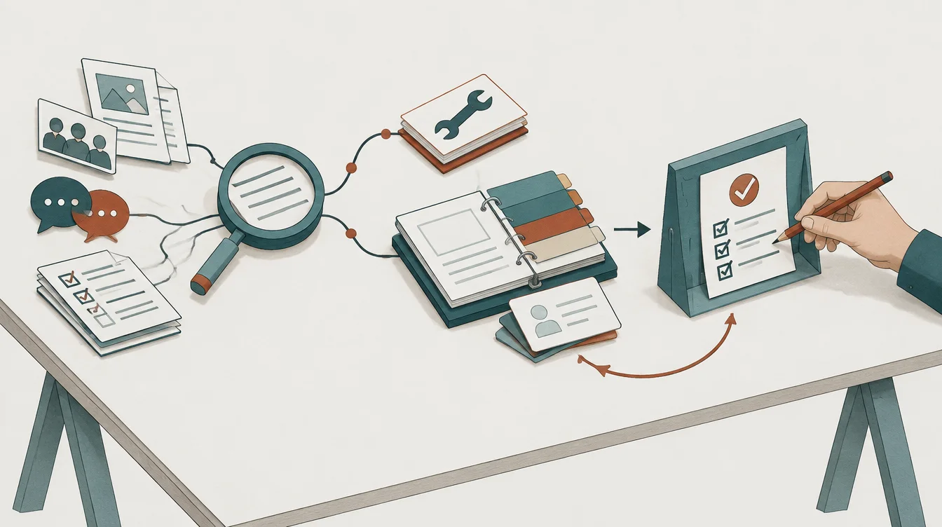 Evidence passes through analysis, branches into operational fixes or learning material, and reaches a human quality review with a revision loop.
