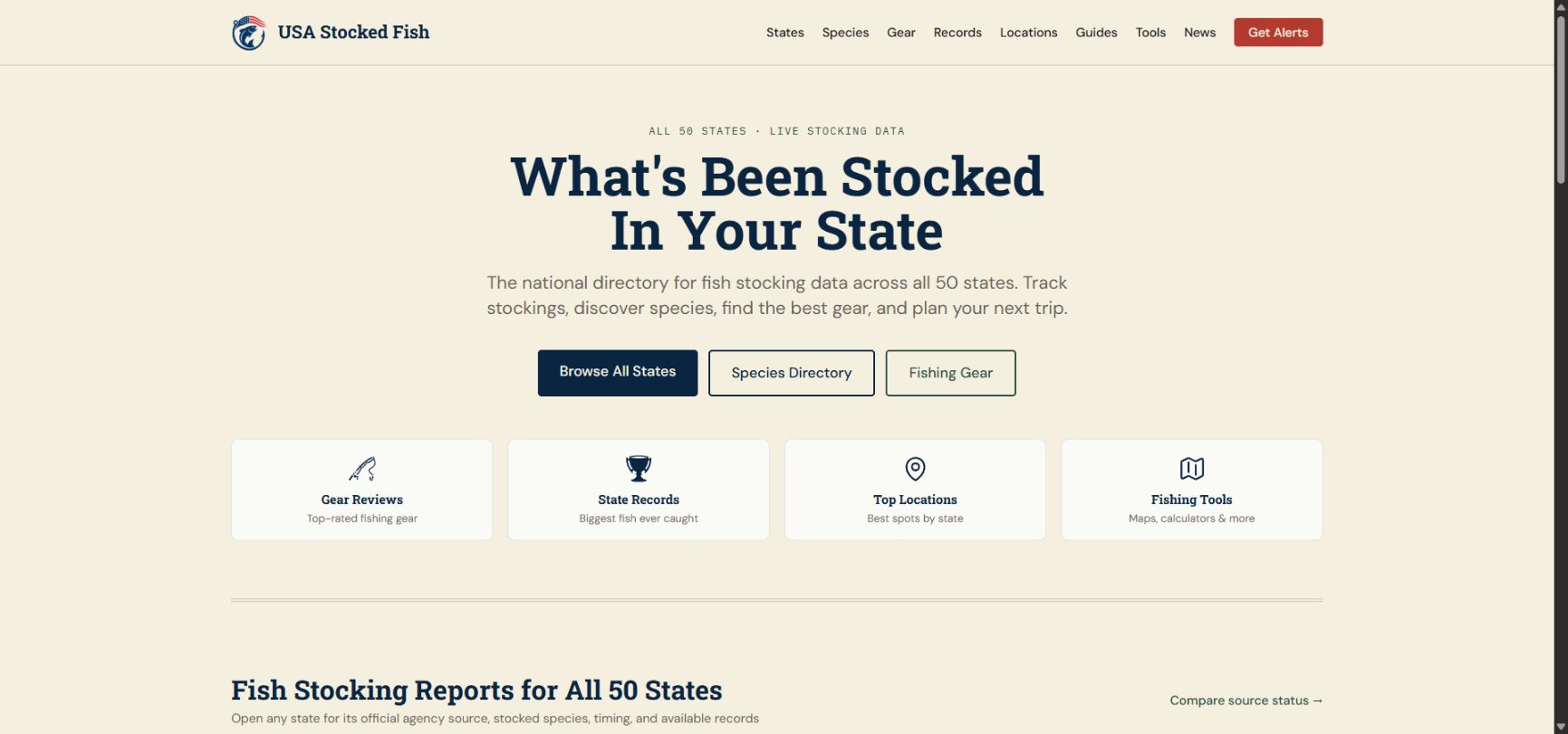 USA Stocked Fish homepage with state directory and fishing planning tools