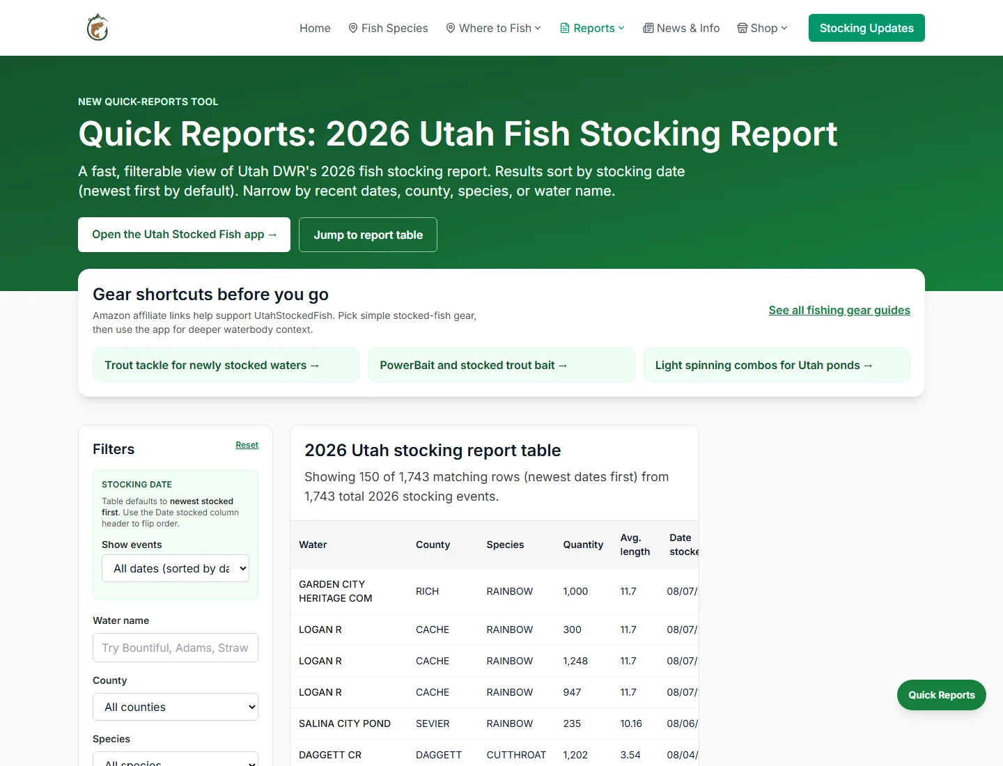 Utah Stocked Fish Quick Reports page with date, water, county, and species filters beside the 2026 stocking table
