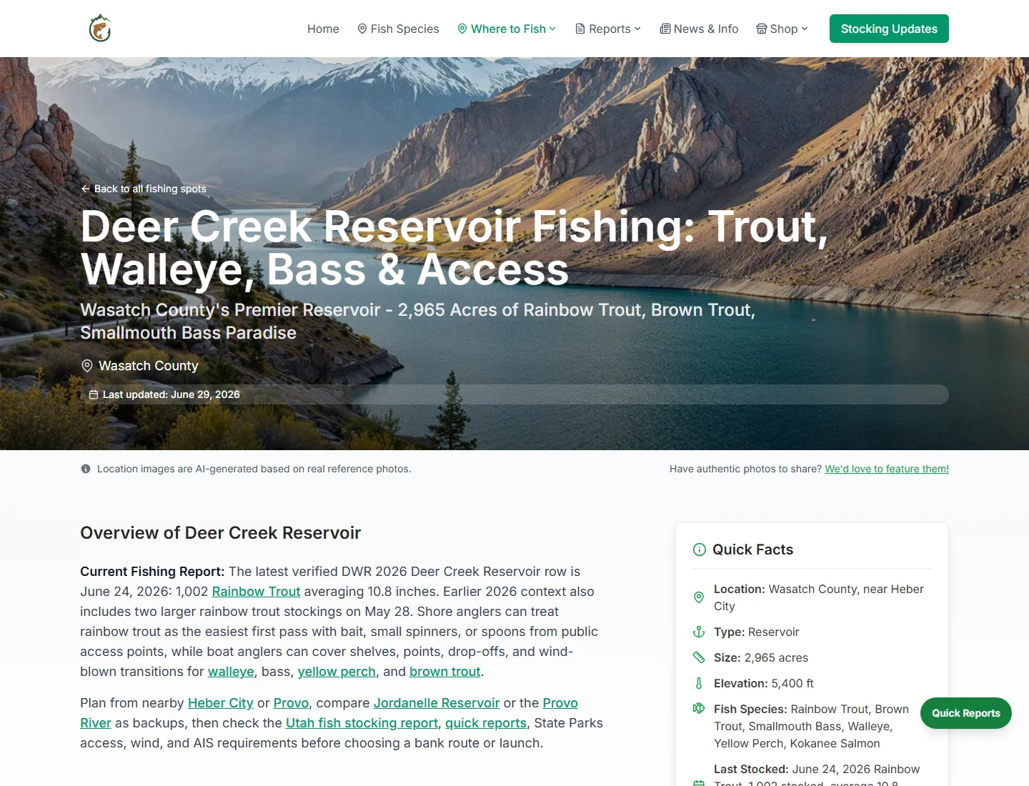 Utah Stocked Fish Deer Creek guide combining stocking context, access notes, nearby options, and species links